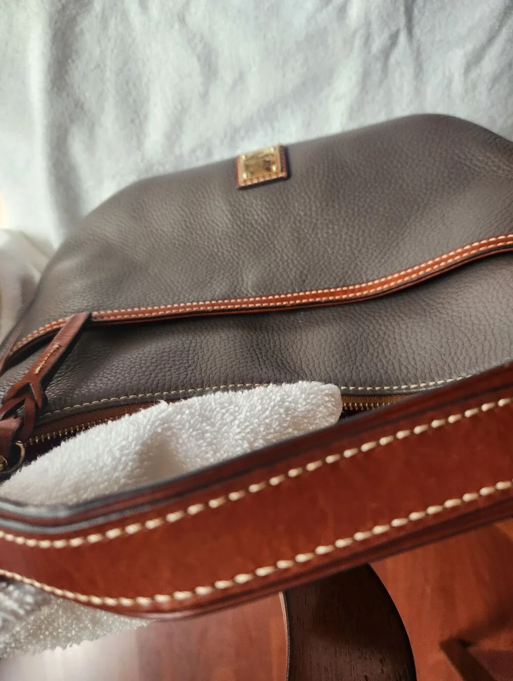 Dooney & Bourke Elephant Gray Pebbled Leather Hobo with Tan Trim Shoulder Bag